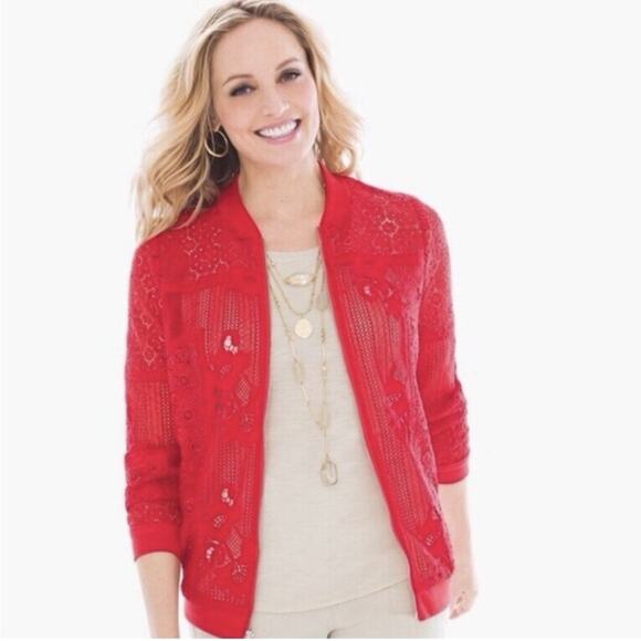 Chico’s Red Textured Lace Open Weave Bomber Jacket Crochet Size M/1 Petite - Picture 1 of 6